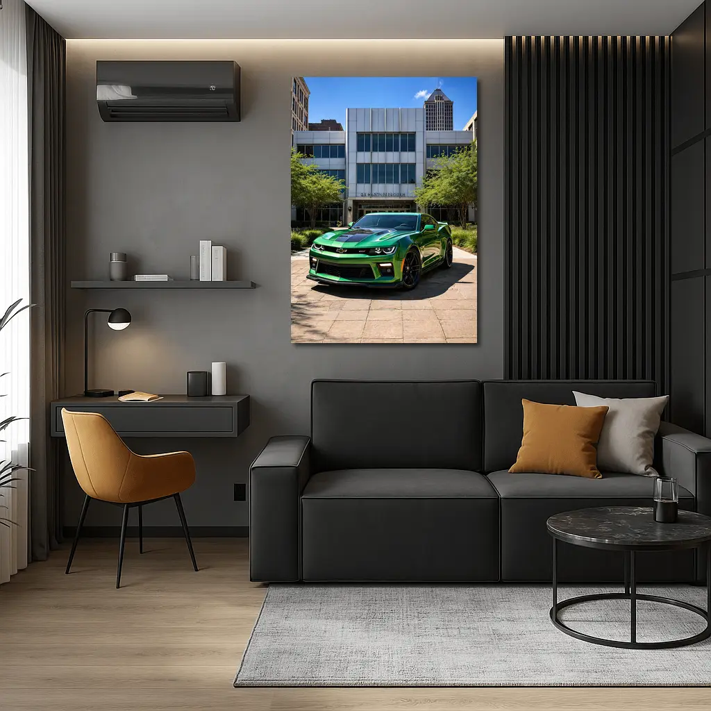 Green Chevrolet Camaro Downtown City Street – Wall Art
