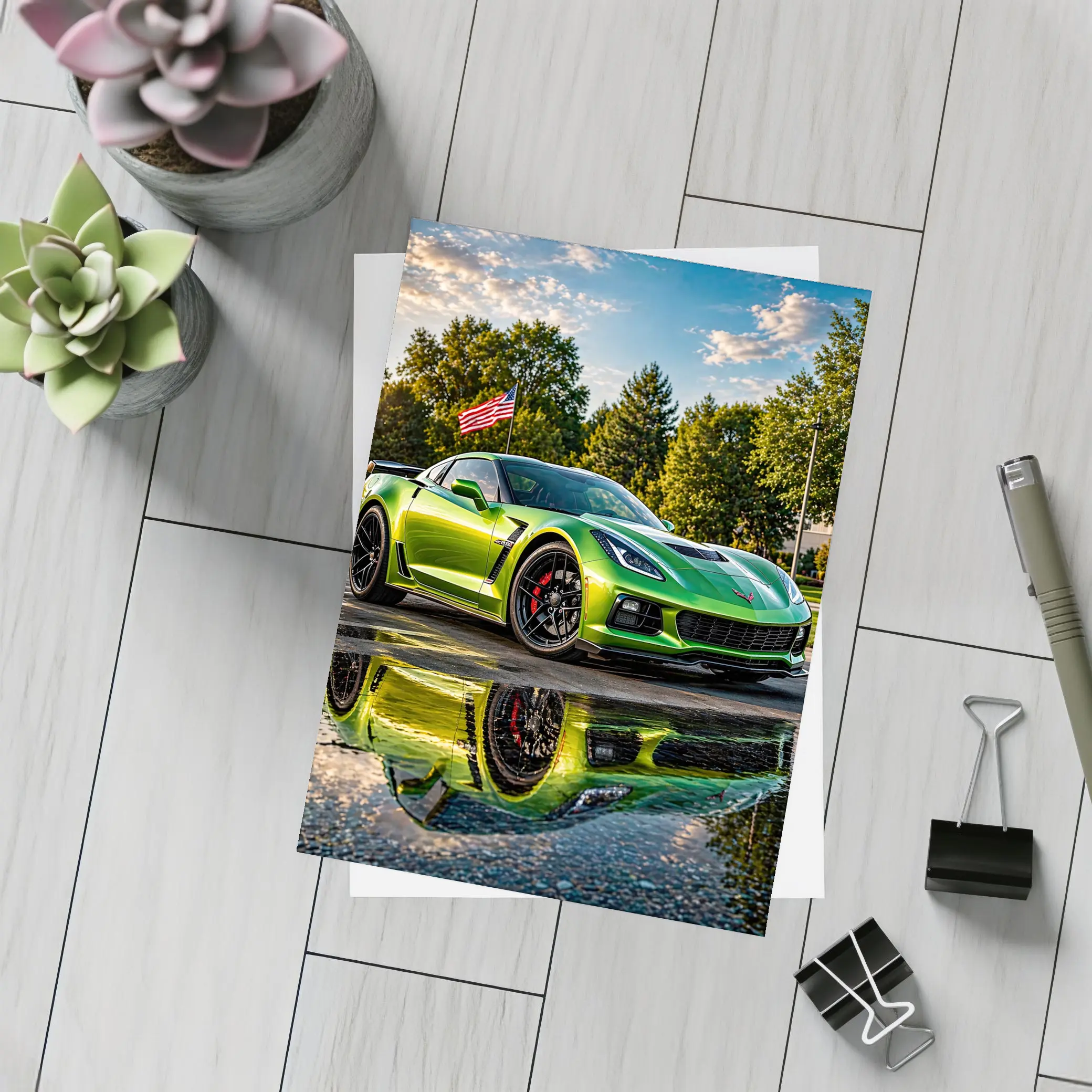 Green Chevrolet Corvette ZR1 American Flag – Postcards