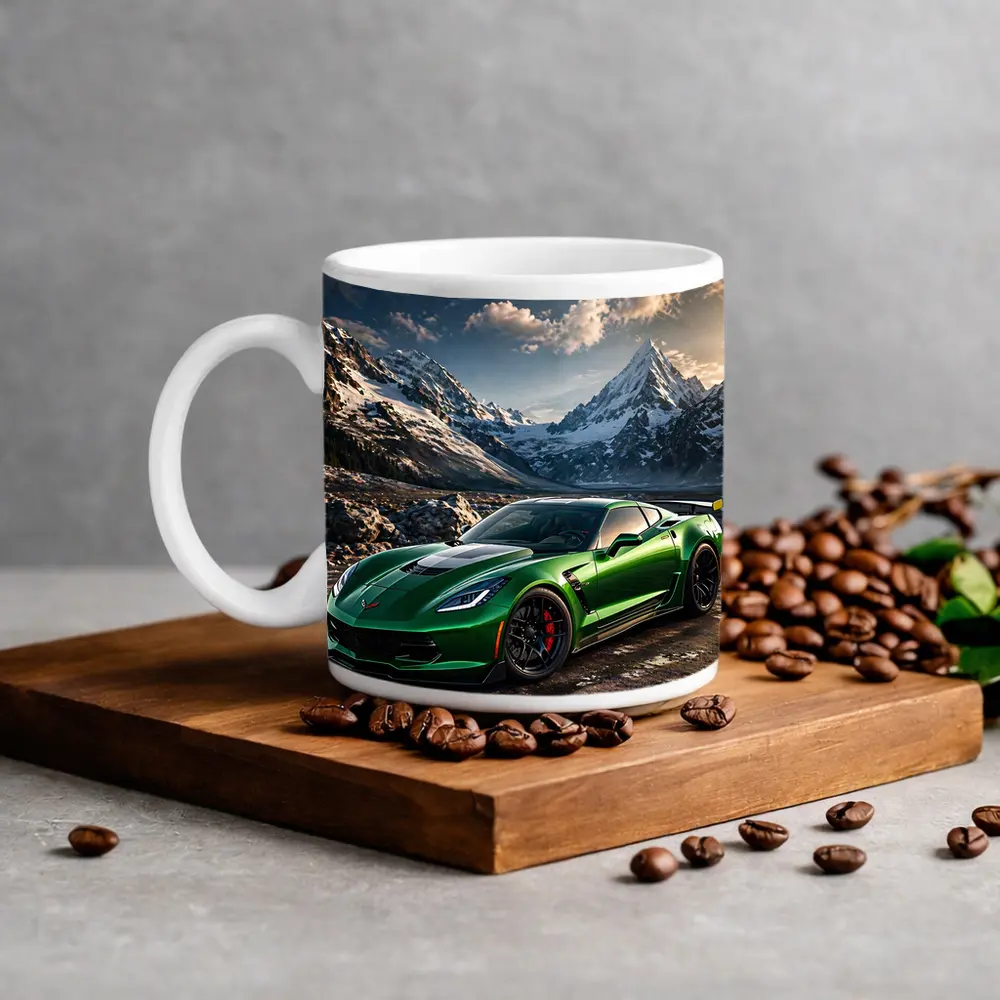 Green Chevrolet Corvette Z06 Mountain Background – Mugs