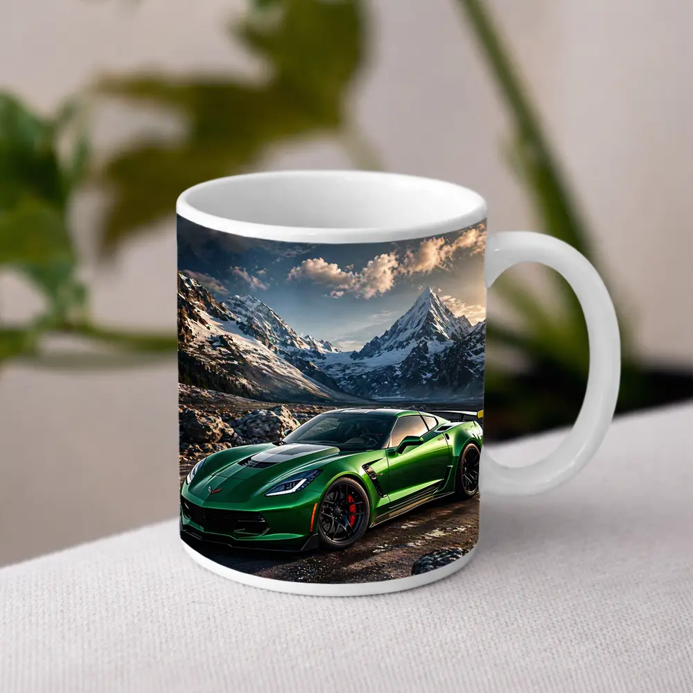 Green Chevrolet Corvette Z06 Mountain Background – Mugs