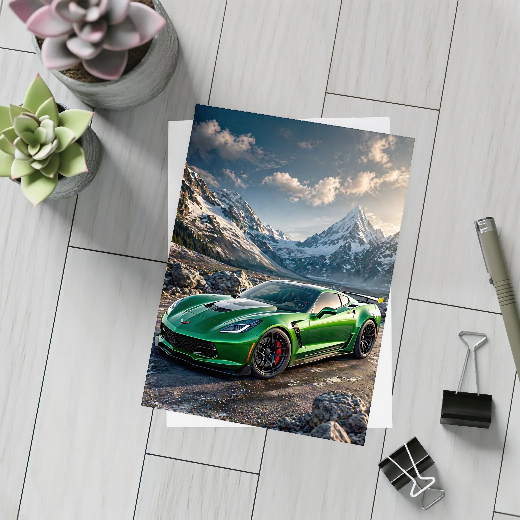 Green Chevrolet Corvette Z06 Mountain Background – Postcards