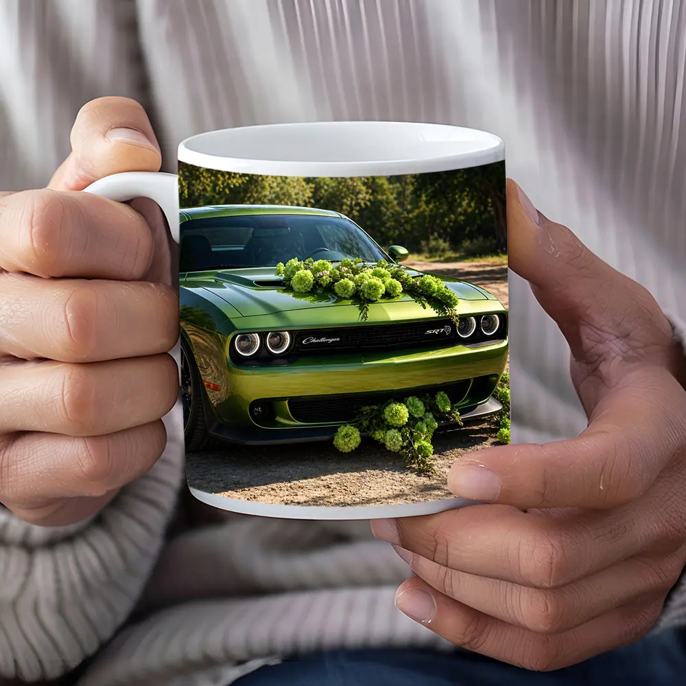 Green Dodge Challenger SRT With Floral Decoration – Mugs