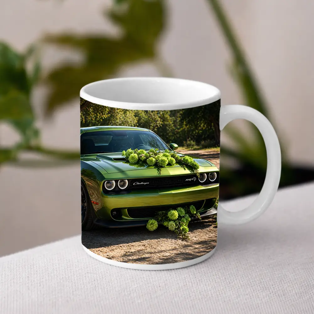 Green Dodge Challenger SRT With Floral Decoration – Mugs