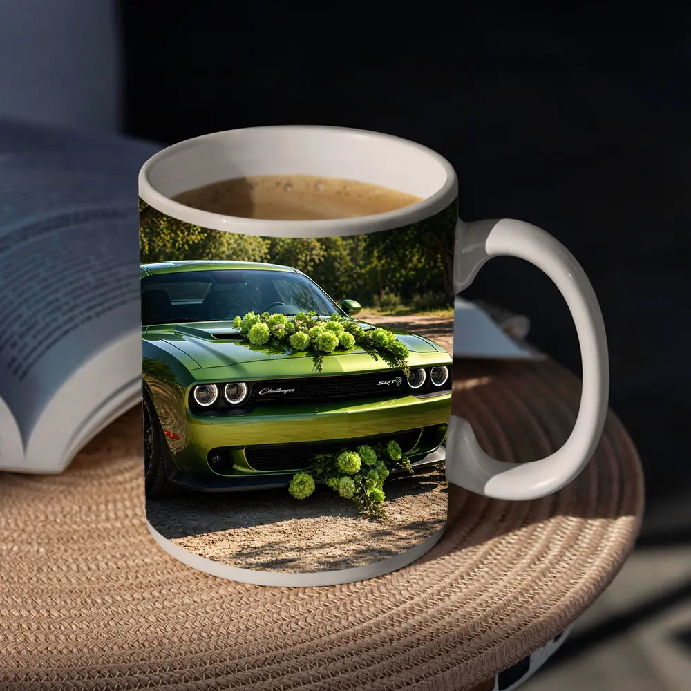 Green Dodge Challenger SRT With Floral Decoration – Mugs