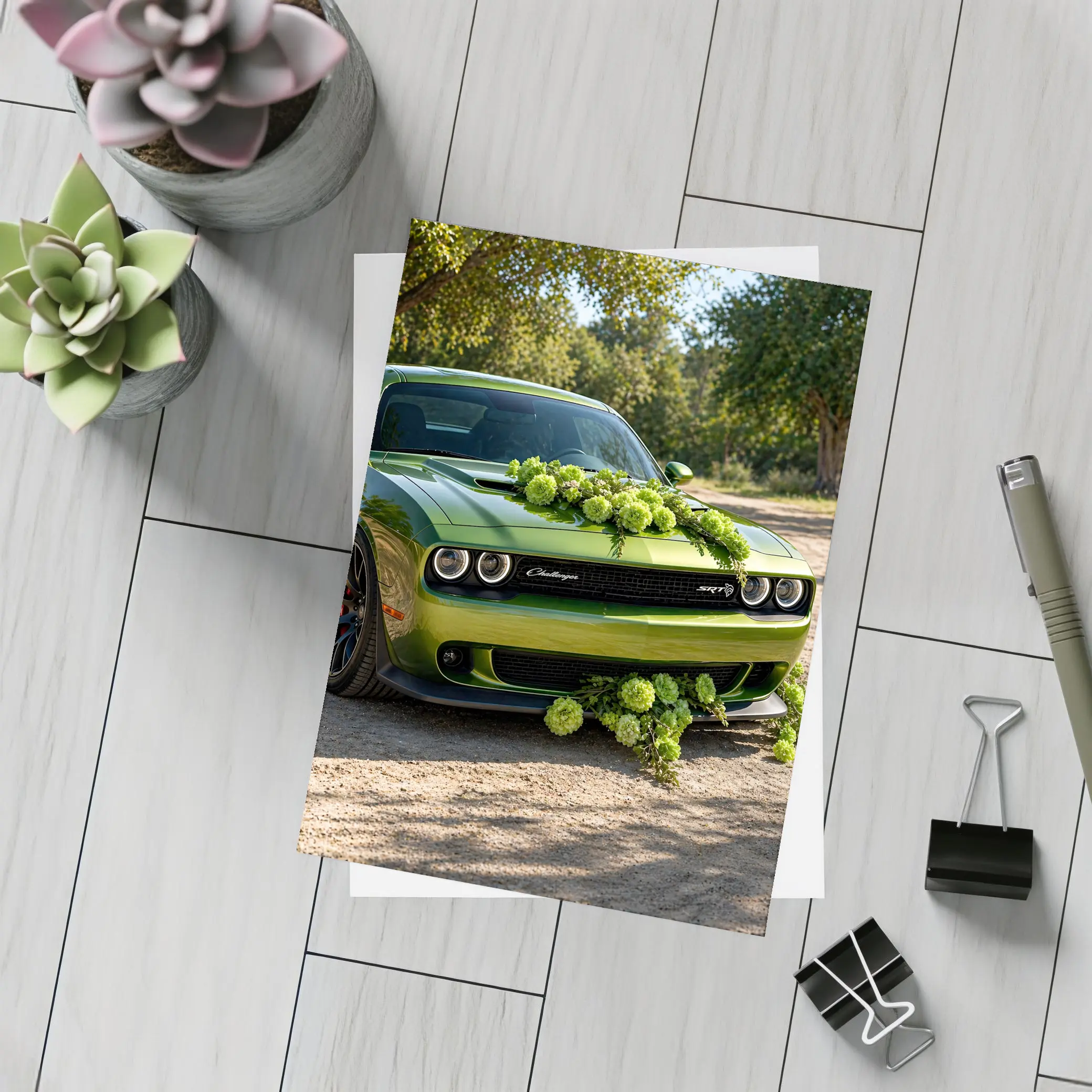 Green Dodge Challenger SRT With Floral Decoration – Postcards