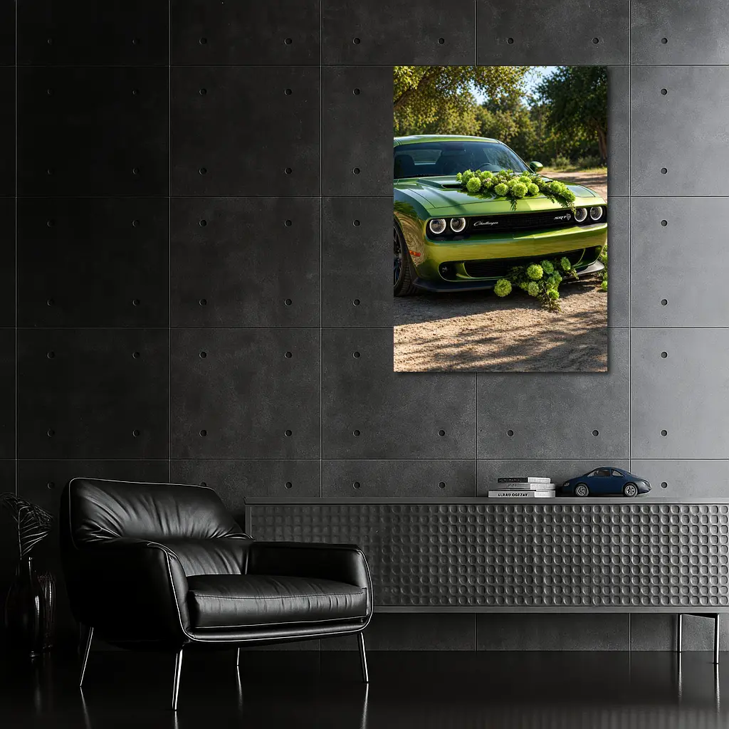 Green Dodge Challenger SRT With Floral Decoration – Wall Art
