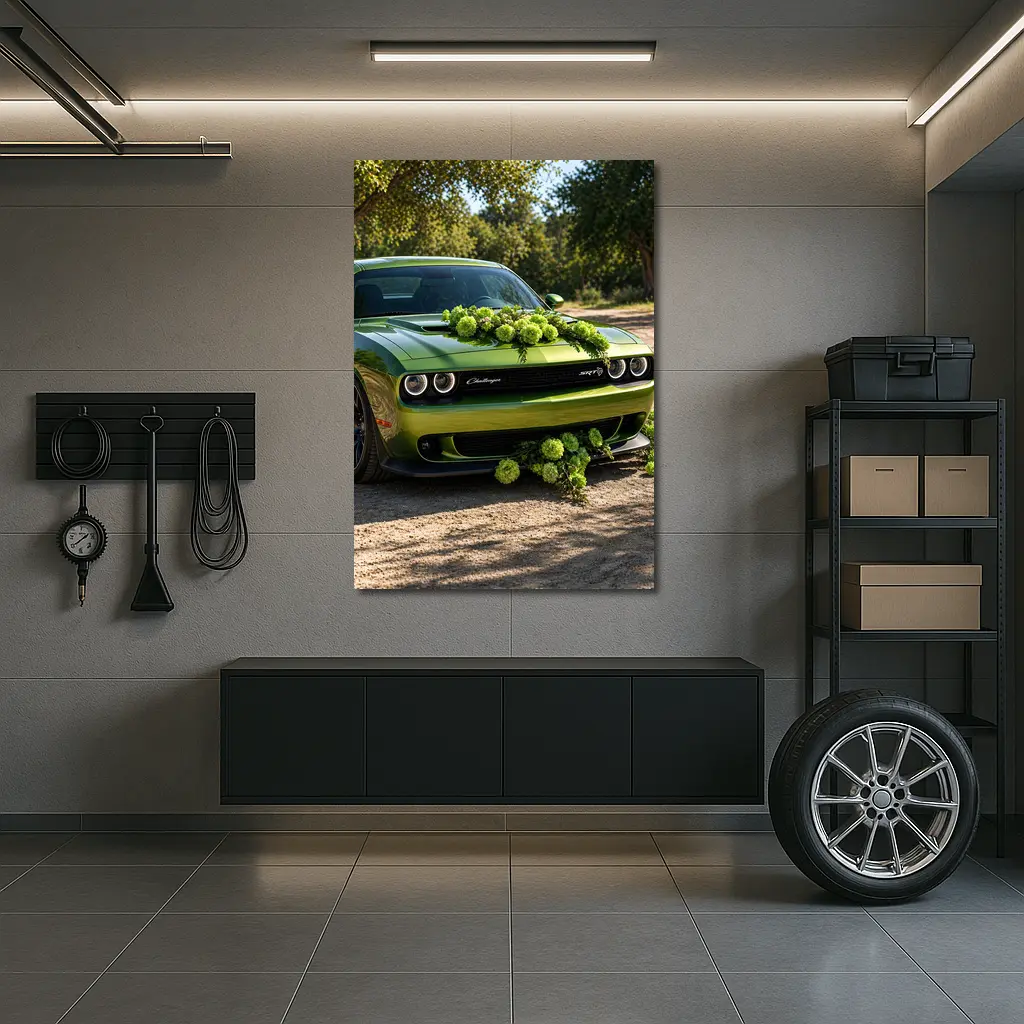 Green Dodge Challenger SRT With Floral Decoration – Wall Art