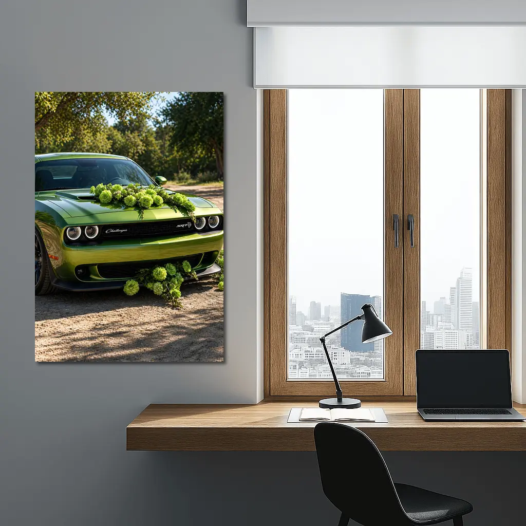 Green Dodge Challenger SRT With Floral Decoration – Wall Art