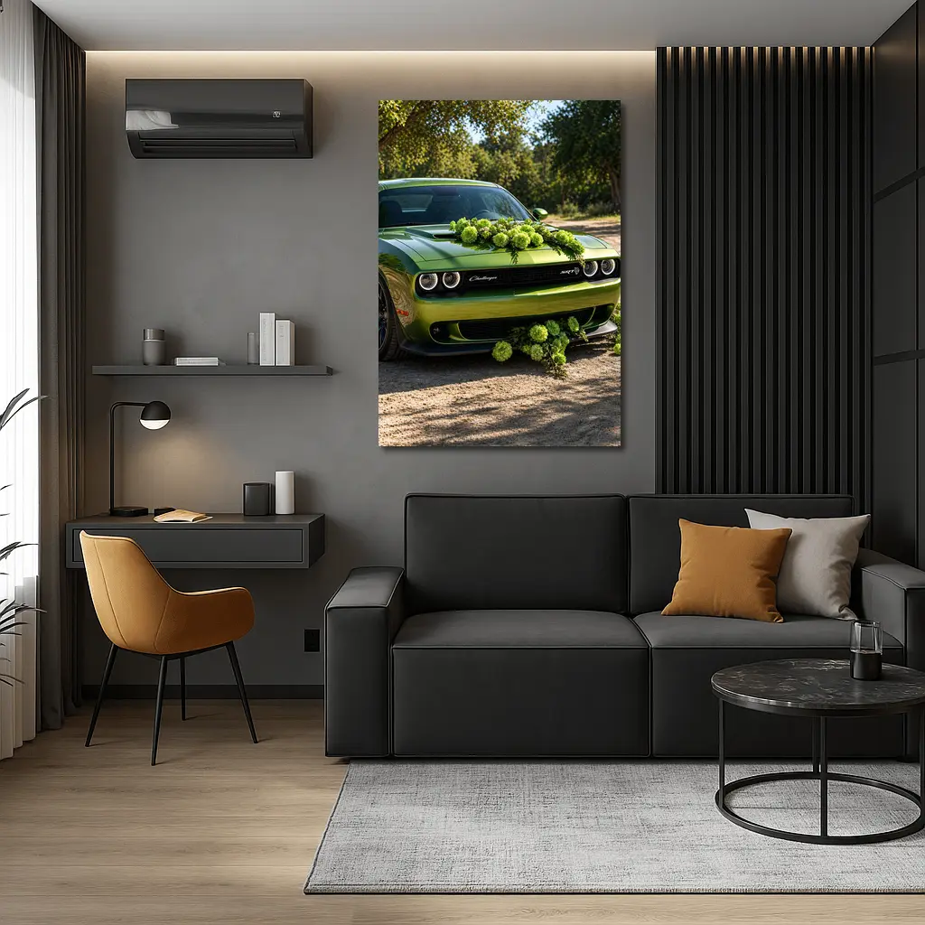 Green Dodge Challenger SRT With Floral Decoration – Wall Art