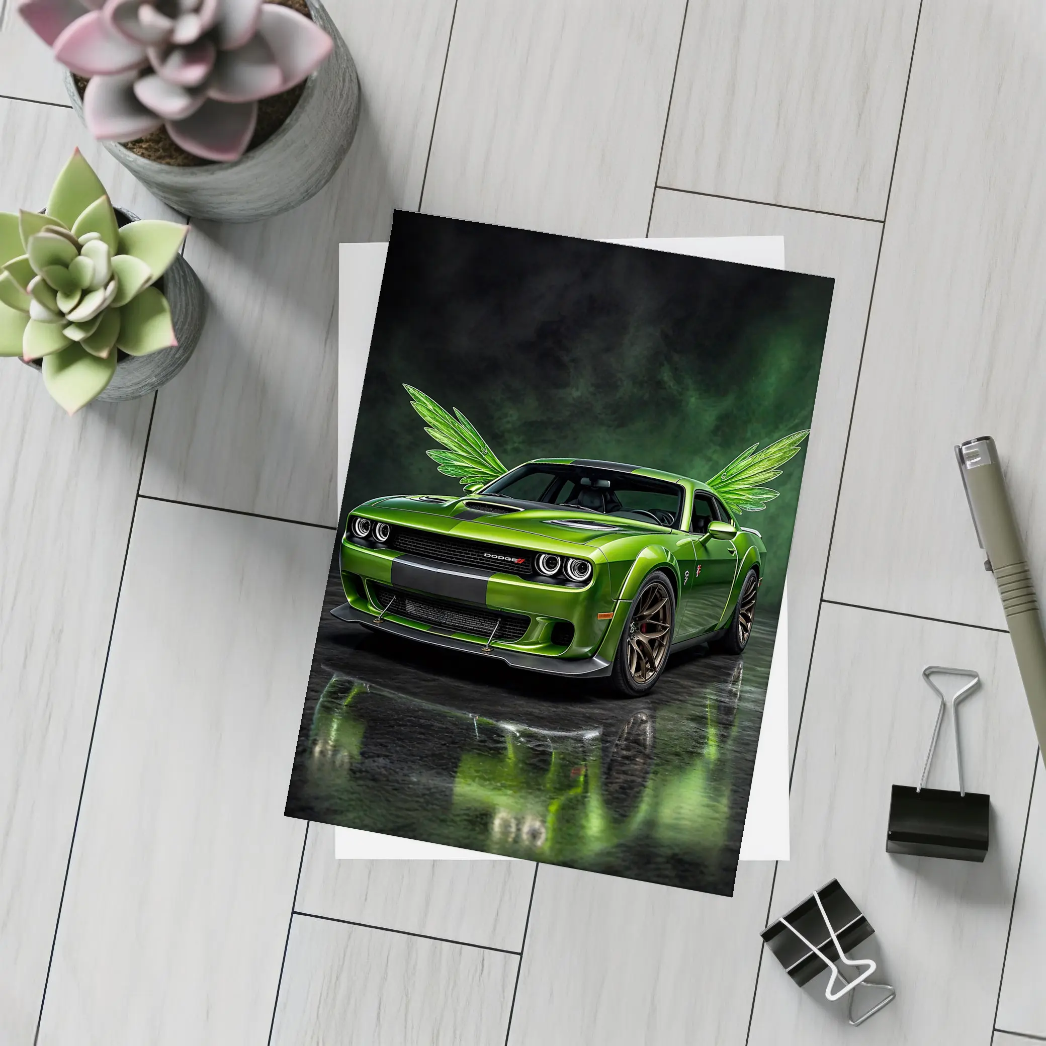 Green Dodge Challenger SRT Hellcat With Wings – Postcards