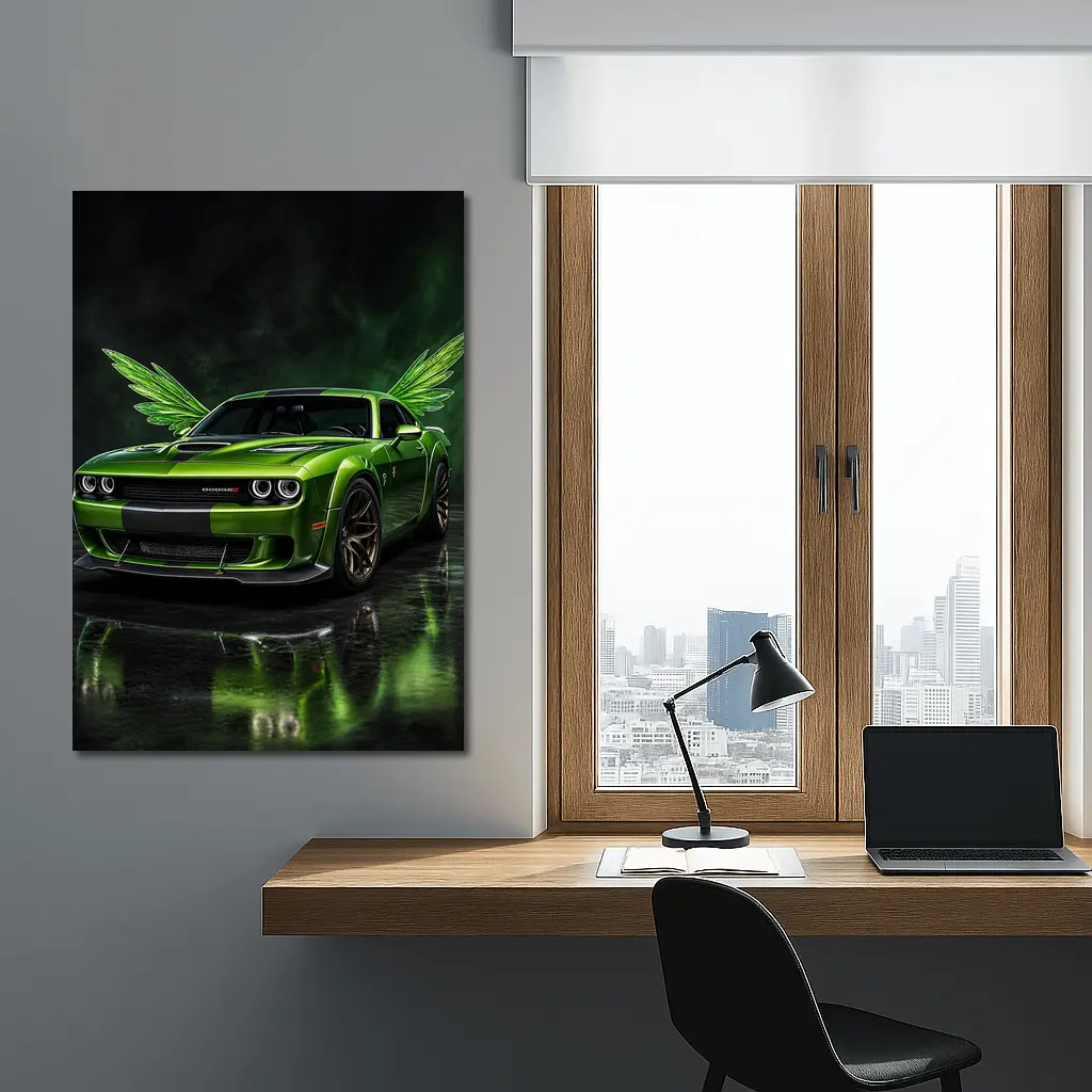 Green Dodge Challenger SRT Hellcat With Wings – Wall Art