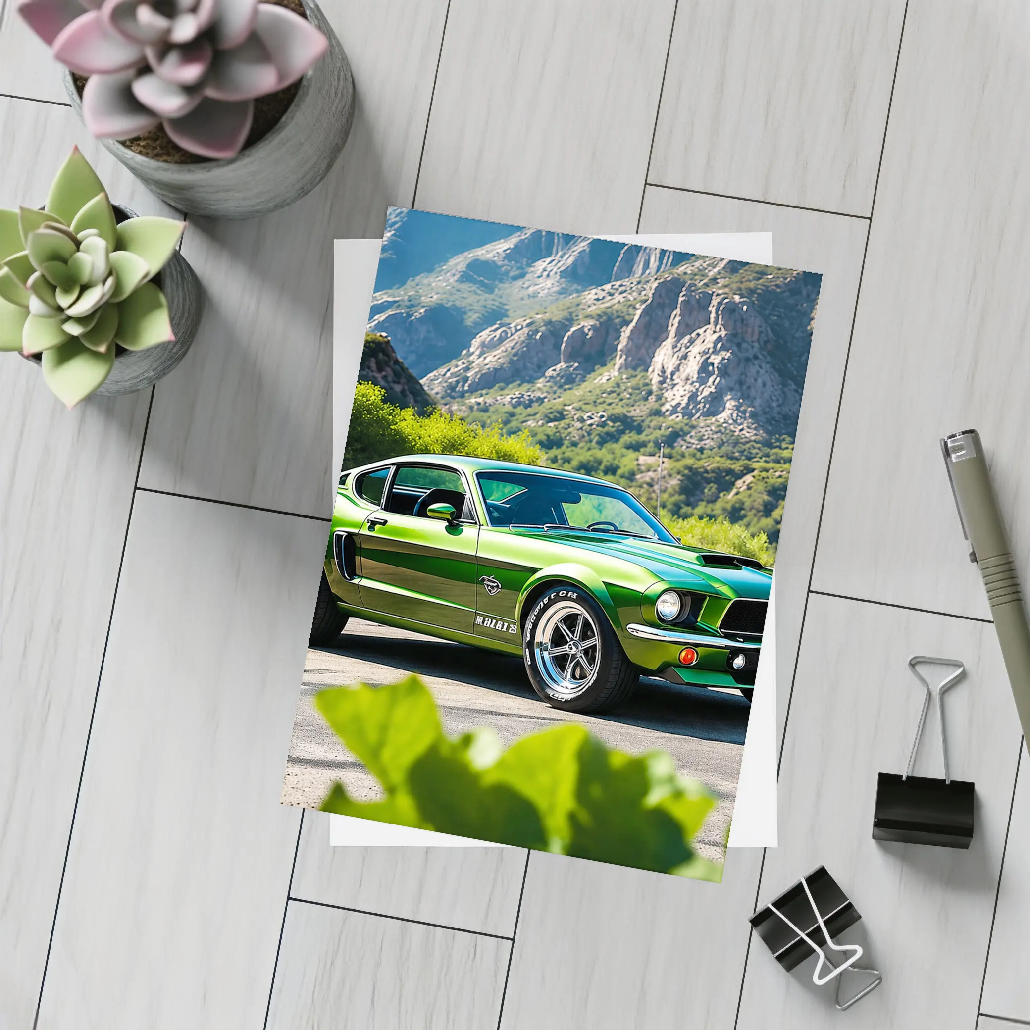 Green Ford Mustang Fastback Mountain Road – Postcards