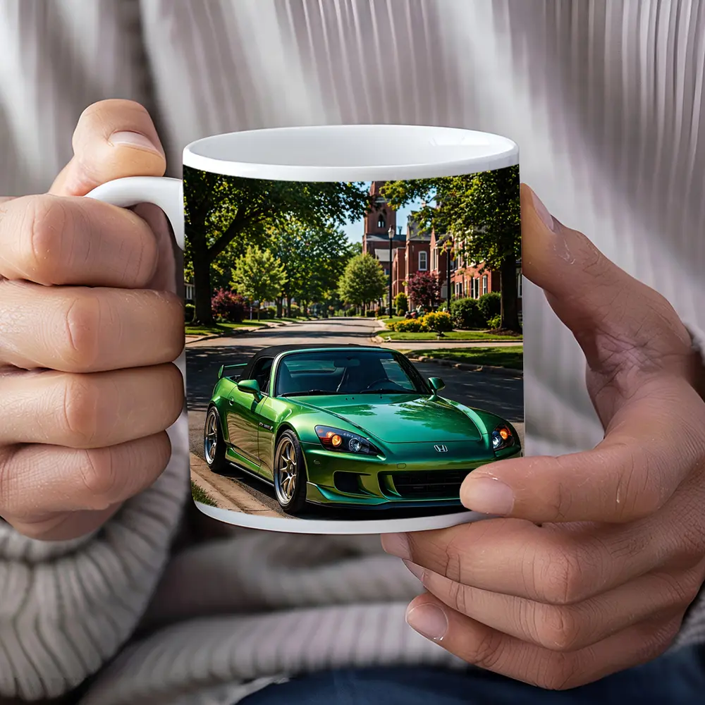 Green Honda S2000 Parked on Suburban Street – Mugs