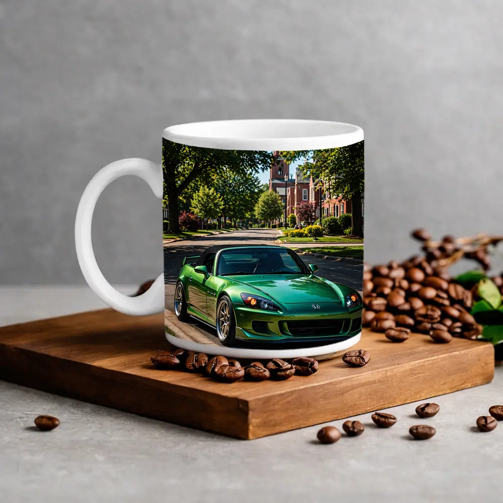Green Honda S2000 Parked on Suburban Street – Mugs