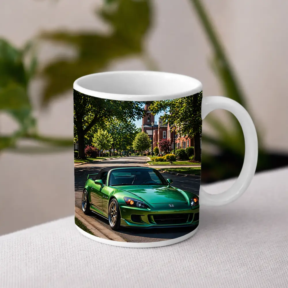 Green Honda S2000 Parked on Suburban Street – Mugs
