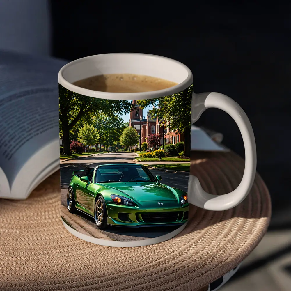 Green Honda S2000 Parked on Suburban Street – Mugs