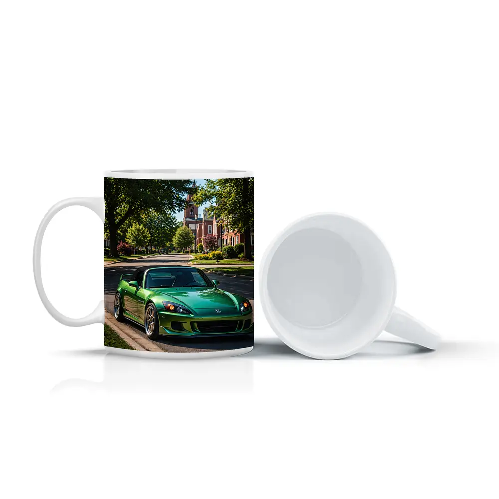 Green Honda S2000 Parked on Suburban Street – Mugs
