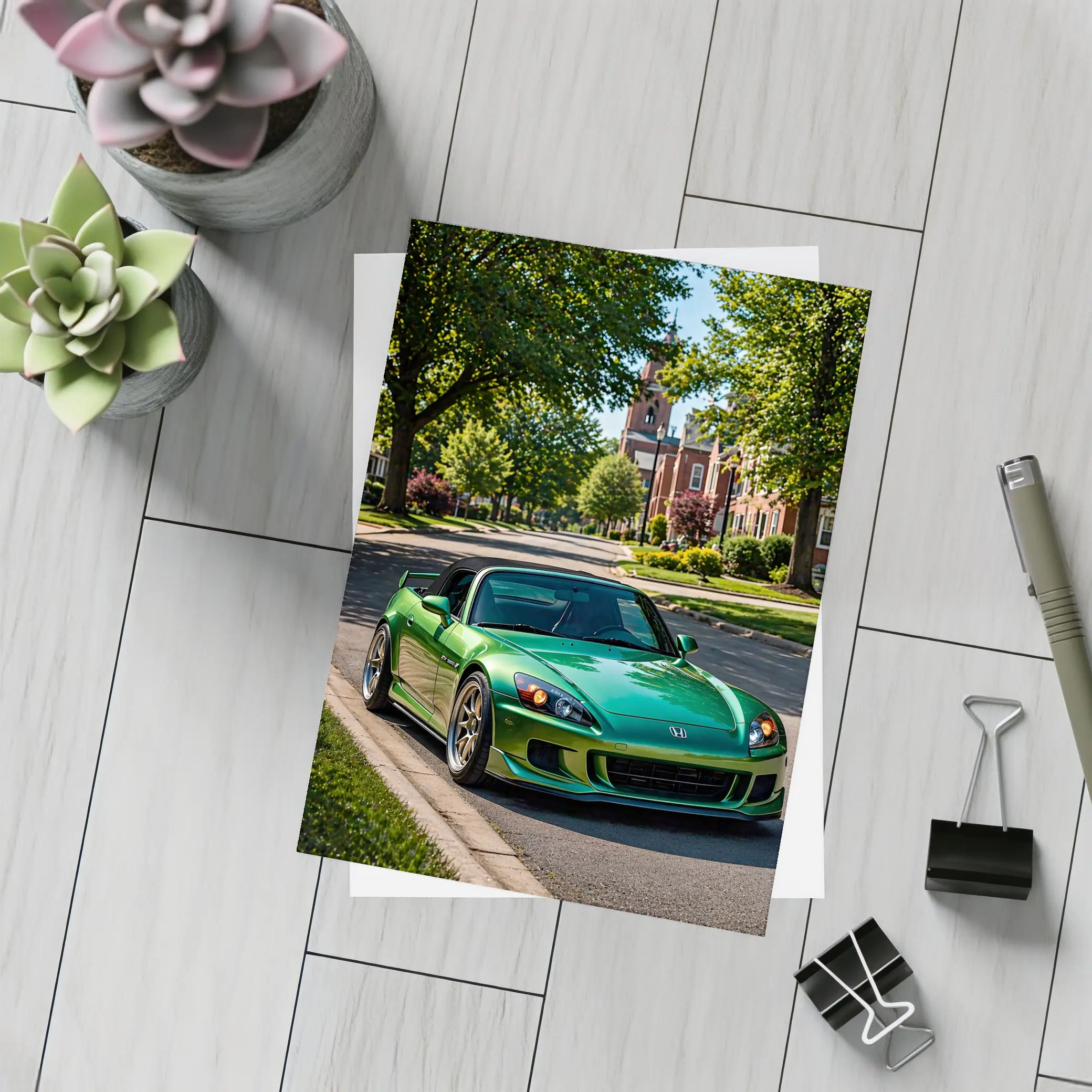 Green Honda S2000 Parked on Suburban Street – Postcards