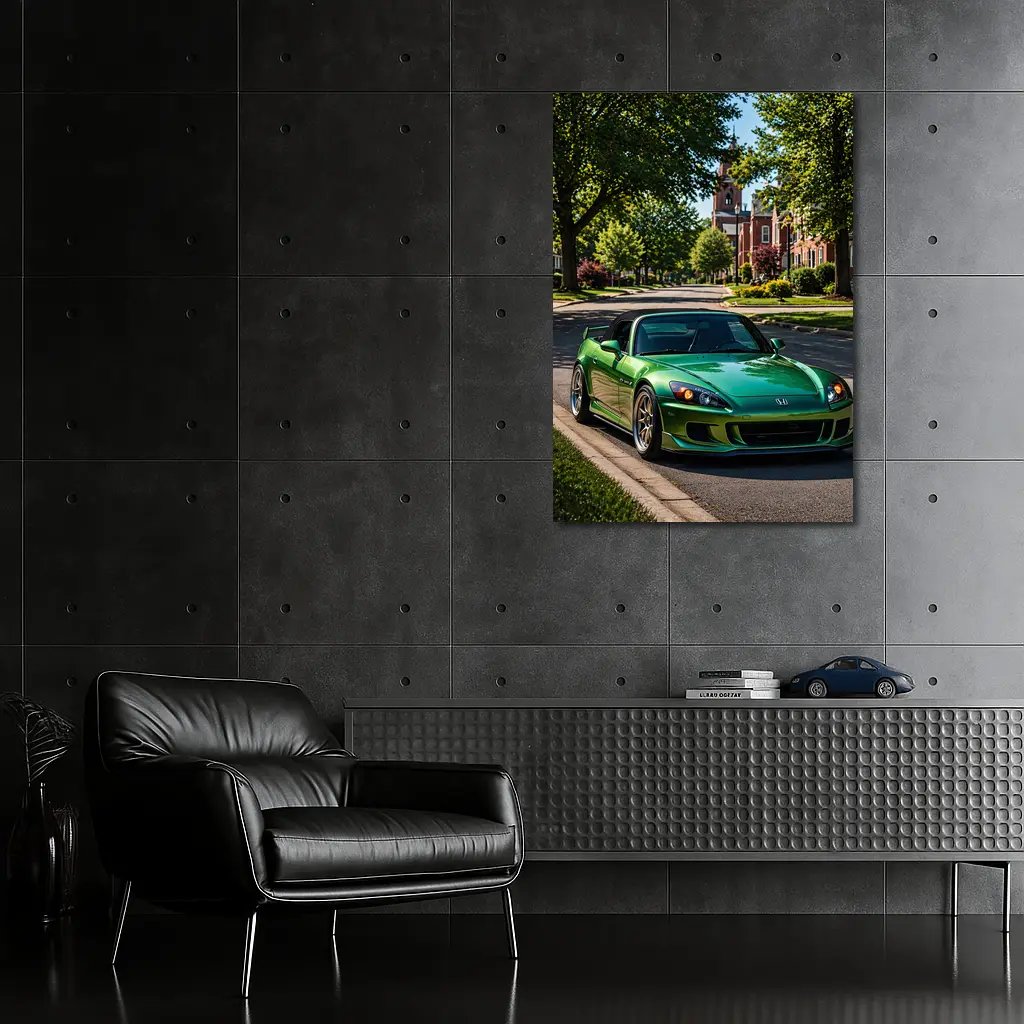 Green Honda S2000 Parked on Suburban Street – Wall Art