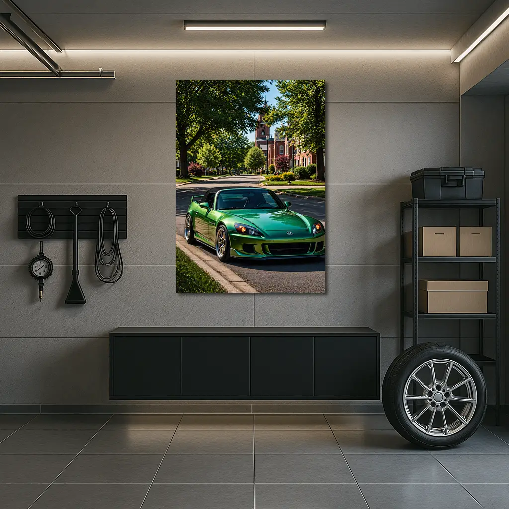 Green Honda S2000 Parked on Suburban Street – Wall Art