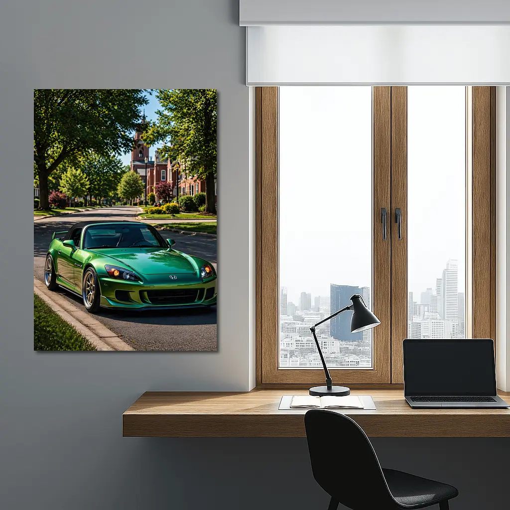 Green Honda S2000 Parked on Suburban Street – Wall Art