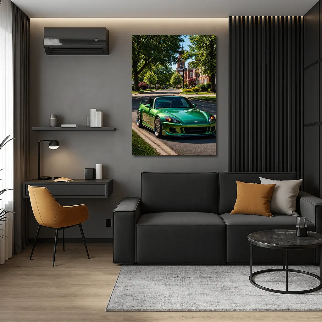 Green Honda S2000 Parked on Suburban Street – Wall Art