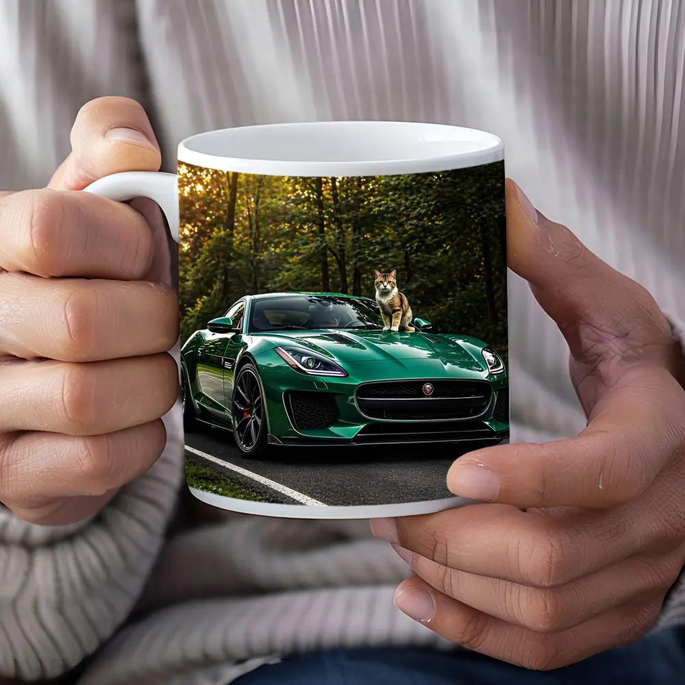 Green Jaguar F Type Cat Forest Road – Mugs