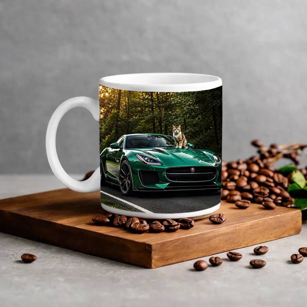 Green Jaguar F Type Cat Forest Road – Mugs