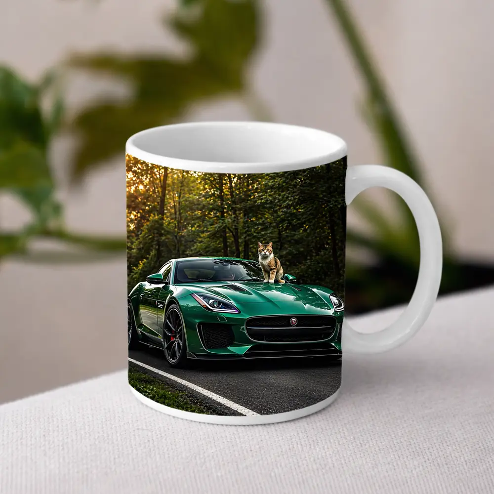 Green Jaguar F Type Cat Forest Road – Mugs