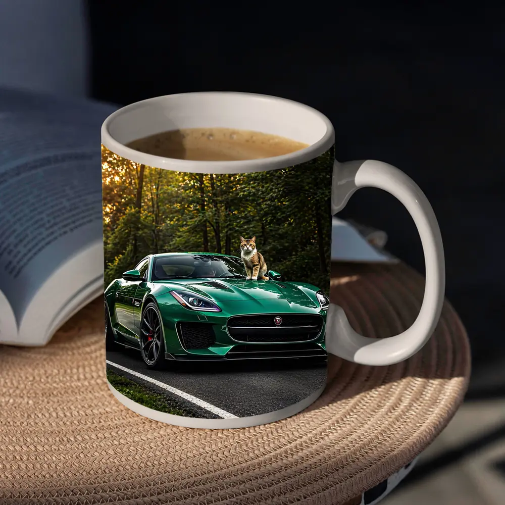 Green Jaguar F Type Cat Forest Road – Mugs