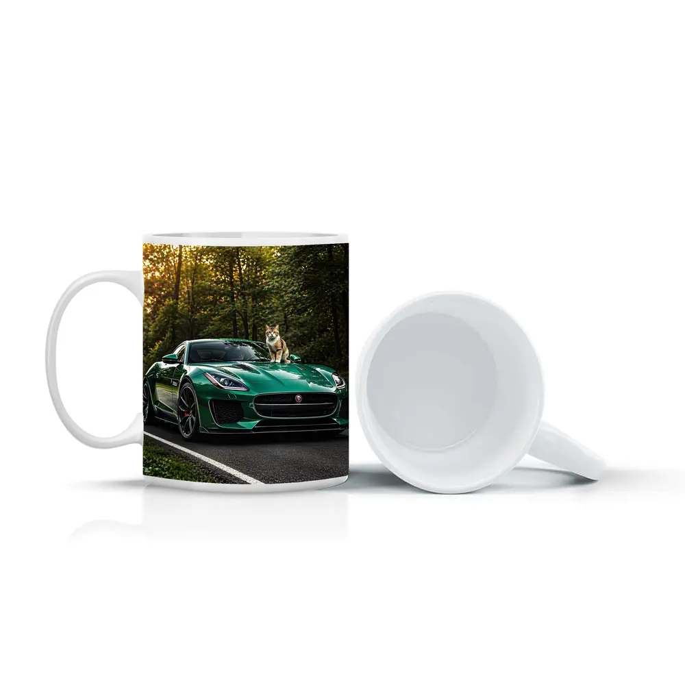 Green Jaguar F Type Cat Forest Road – Mugs