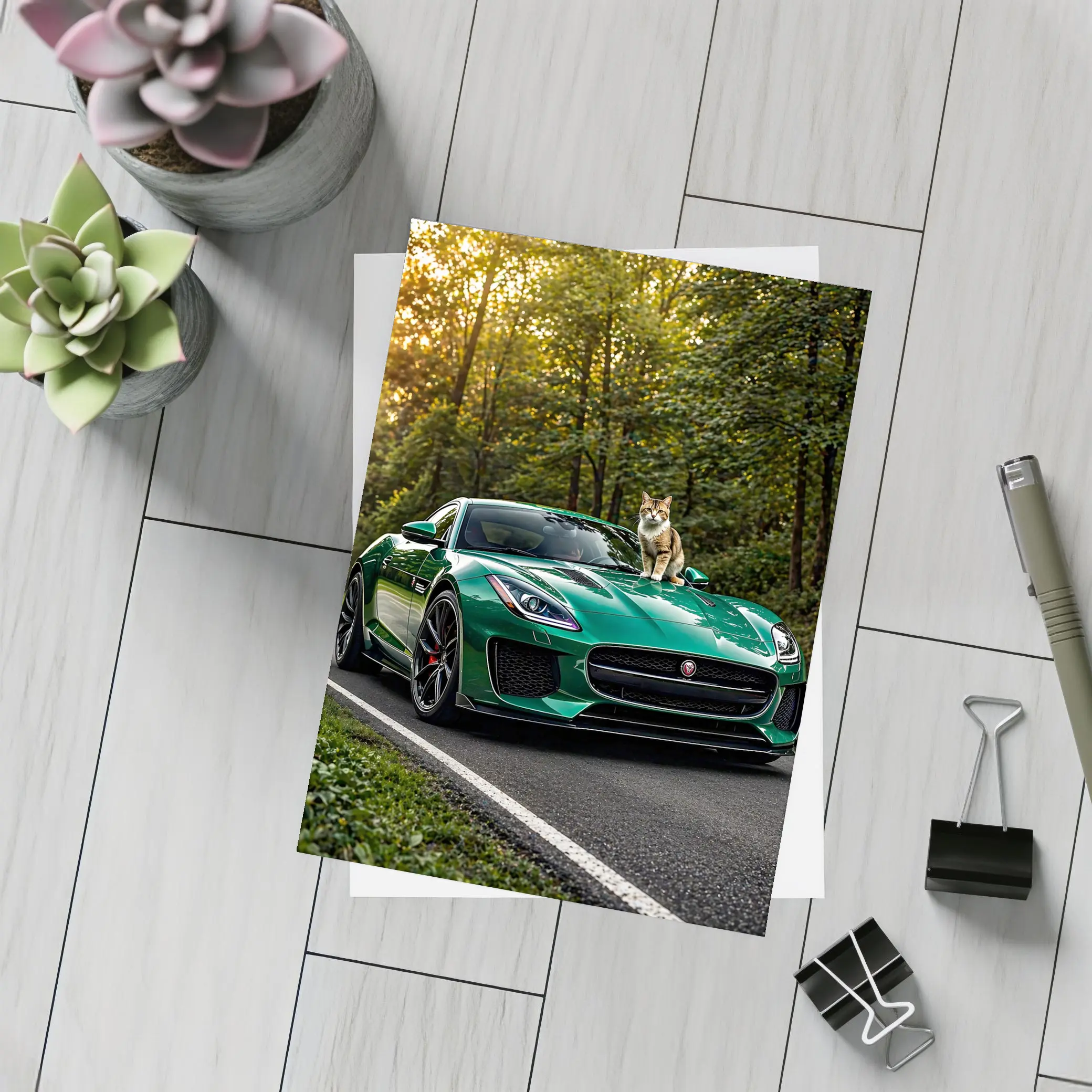 Green Jaguar F Type Cat Forest Road – Postcards