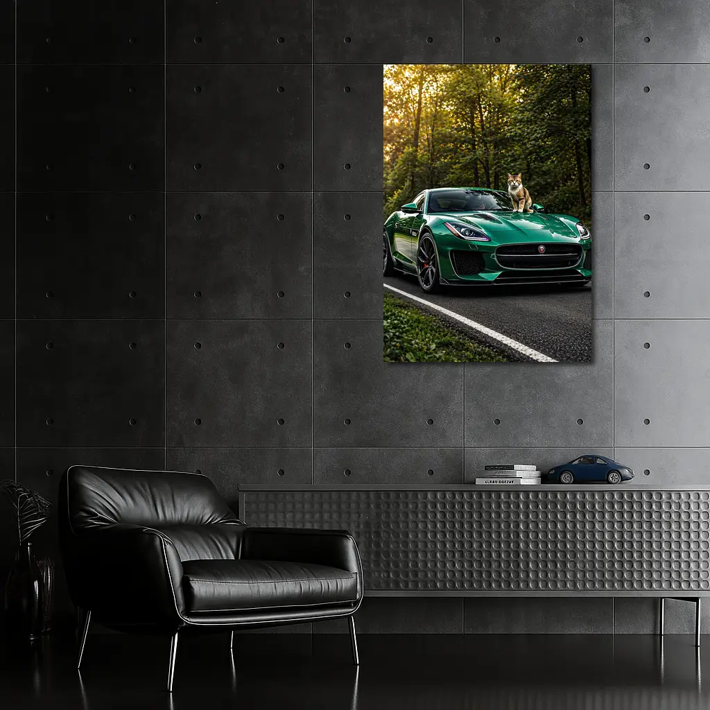 Green Jaguar F Type Cat Forest Road – Wall Art
