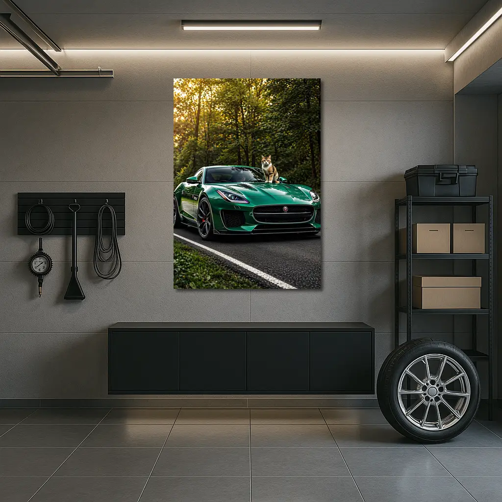 Green Jaguar F Type Cat Forest Road – Wall Art