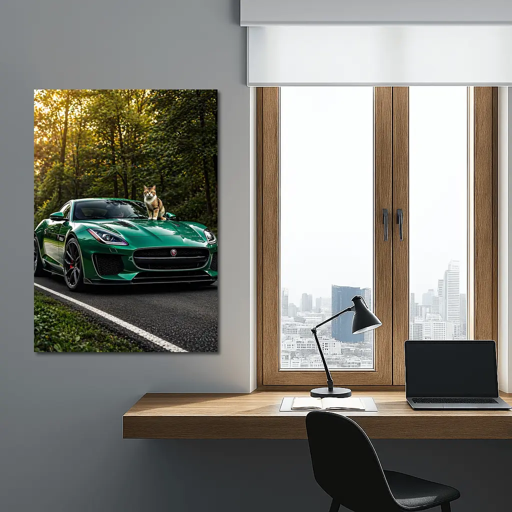 Green Jaguar F Type Cat Forest Road – Wall Art