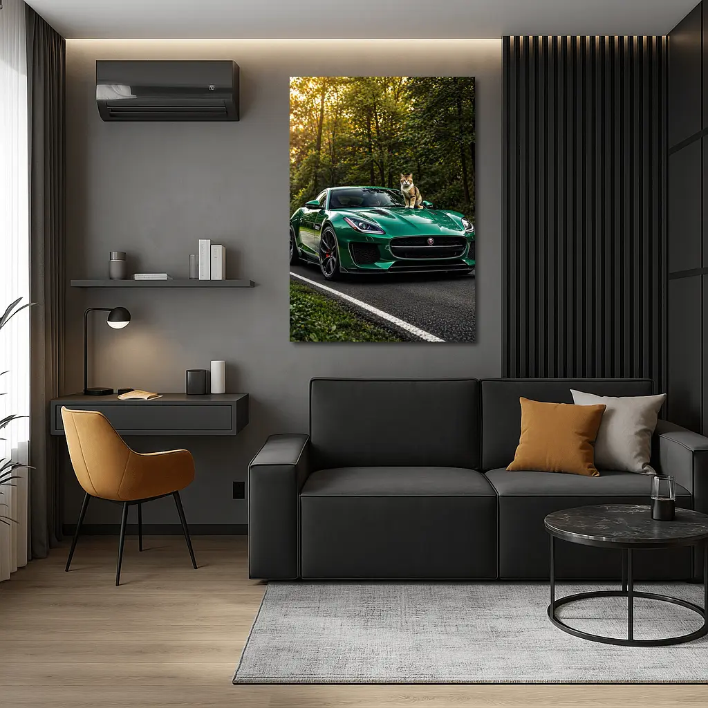 Green Jaguar F Type Cat Forest Road – Wall Art