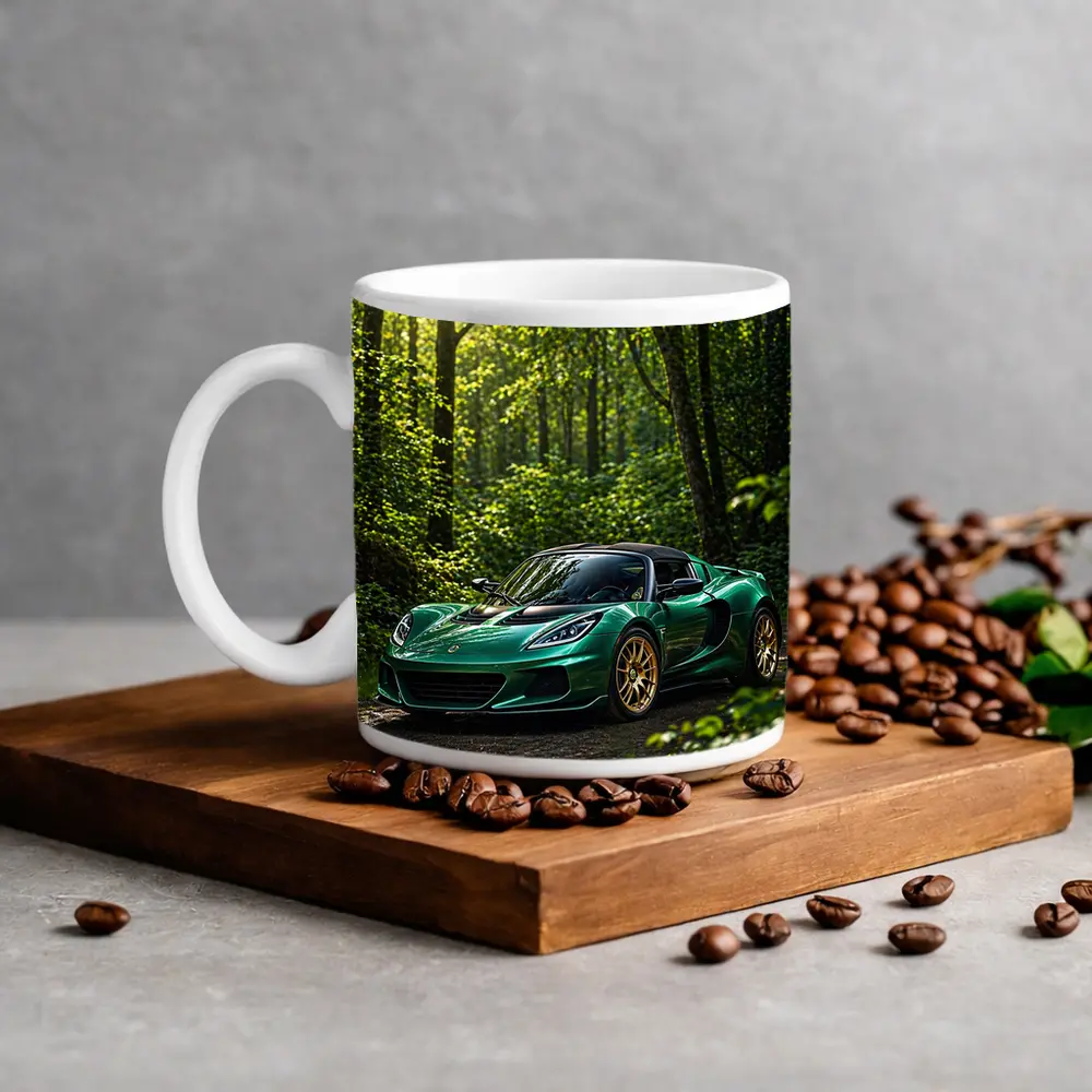 Green Lotus Elise Parked in Forest – Mugs