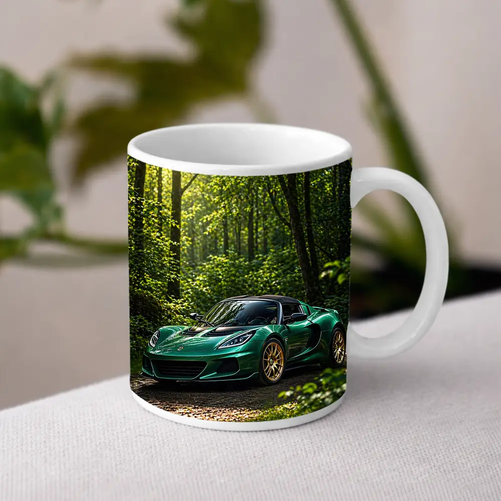 Green Lotus Elise Parked in Forest – Mugs