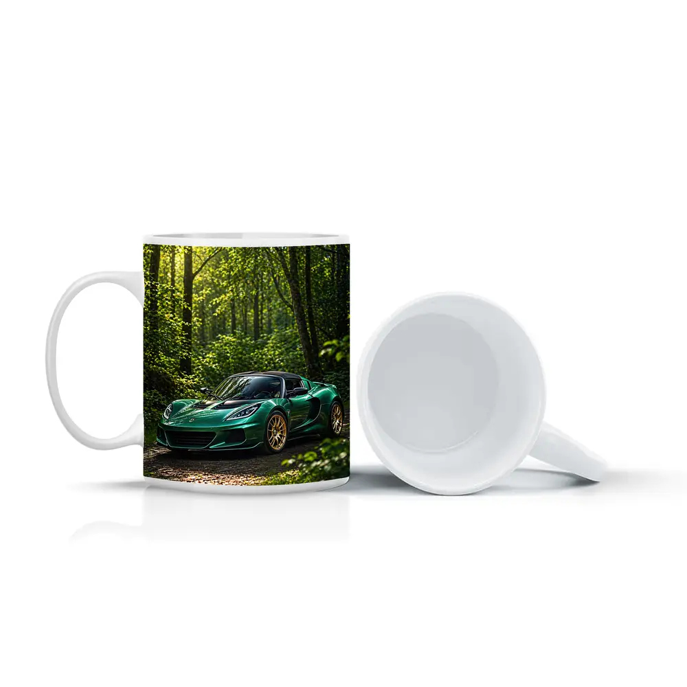 Green Lotus Elise Parked in Forest – Mugs