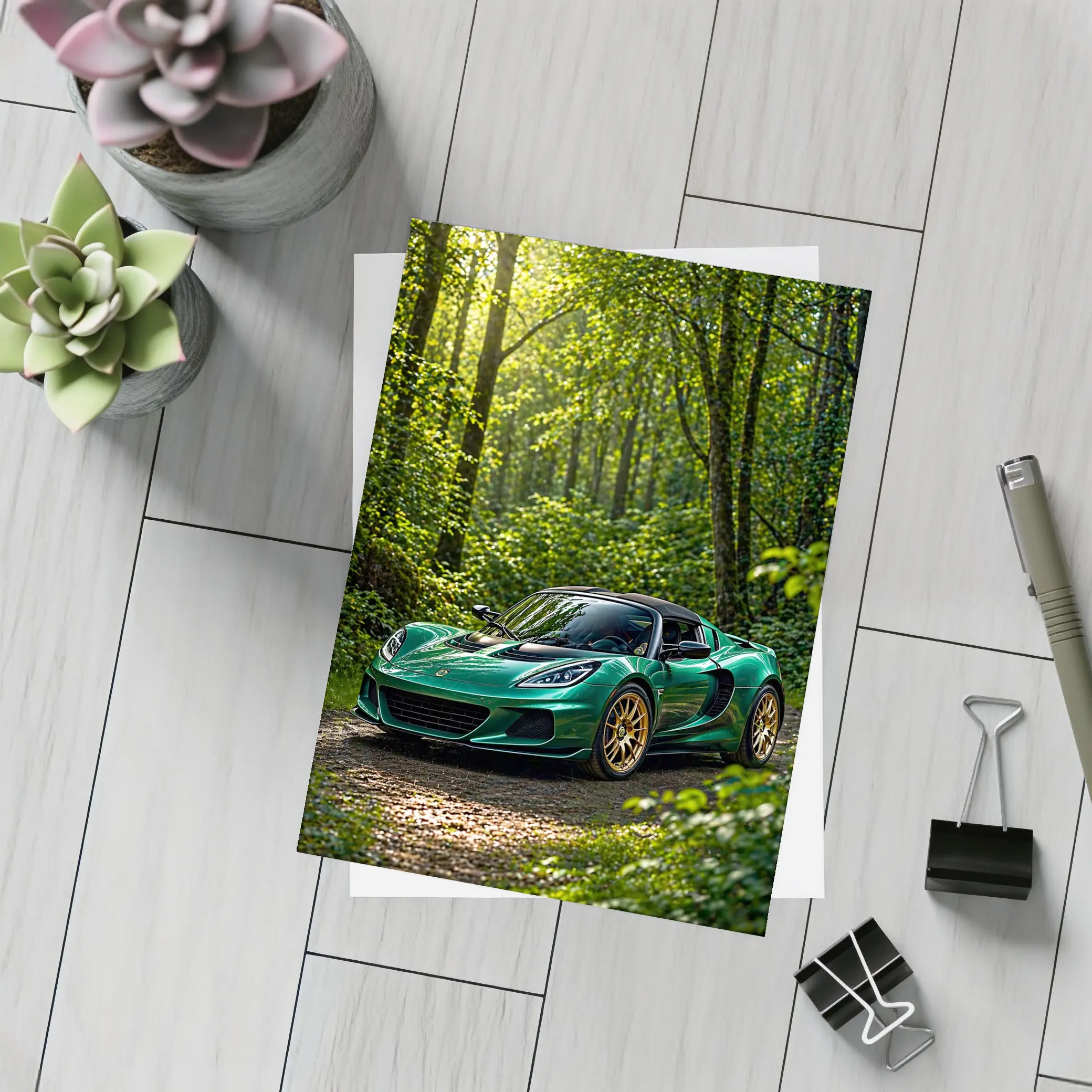 Green Lotus Elise Parked in Forest – Postcards