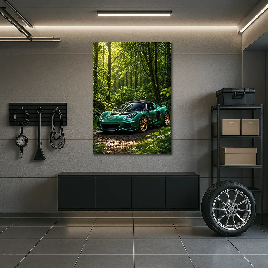 Green Lotus Elise Parked in Forest – Wall Art