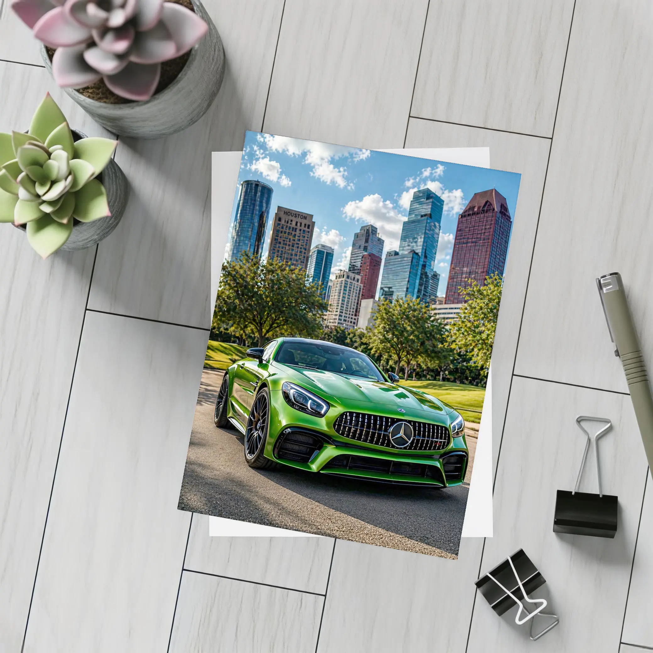 Mercedes AMG GT Green Houston City Skyline – Postcards
