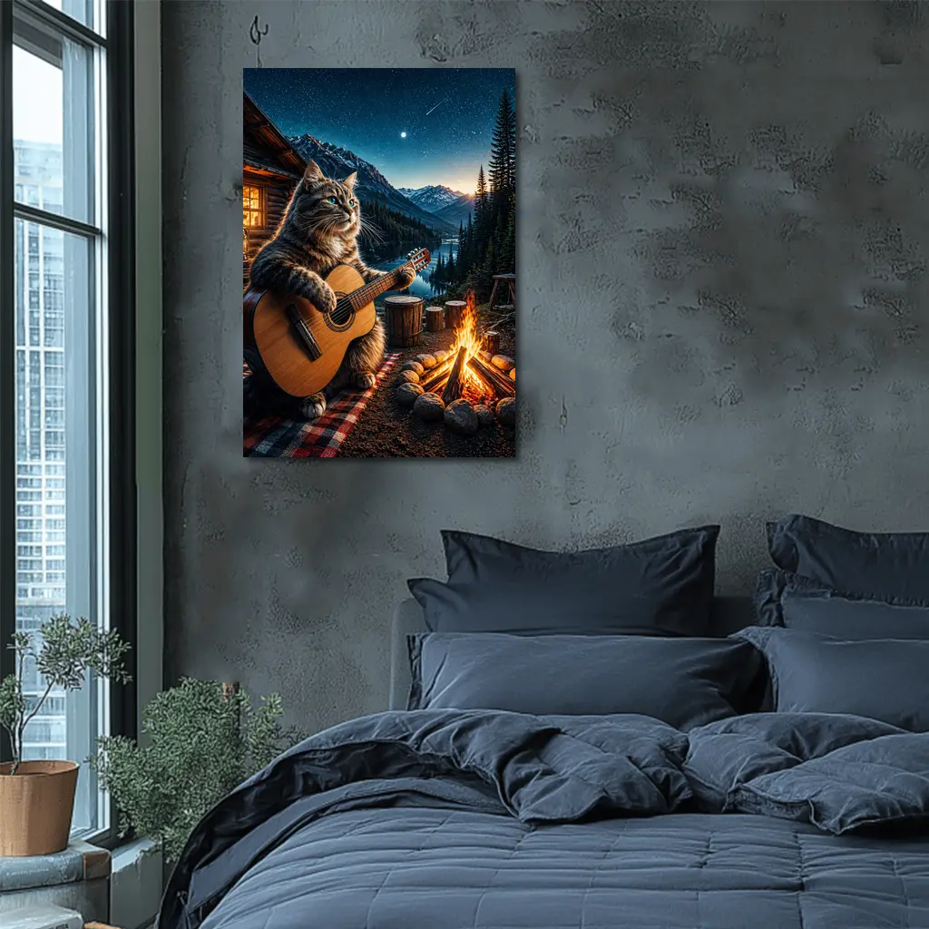 Cat Playing Guitar By Mountain Campfire – Wall Art