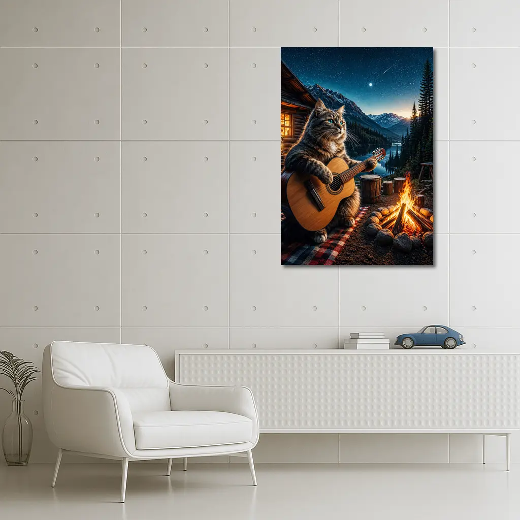Cat Playing Guitar By Mountain Campfire – Wall Art