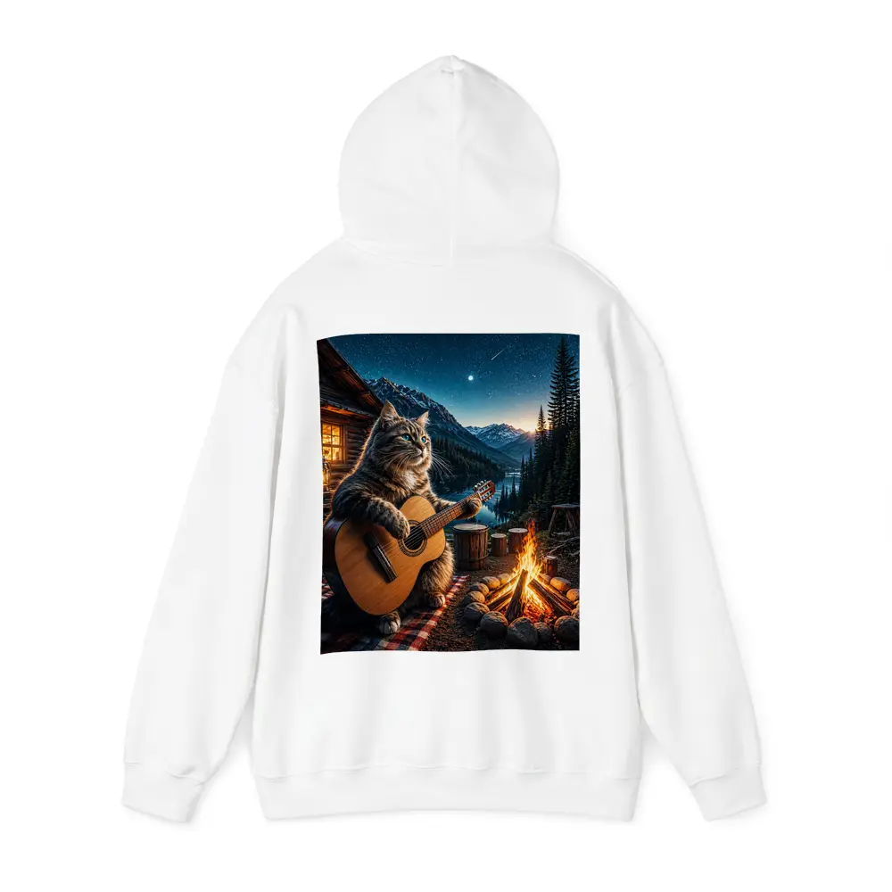 Cat Playing Guitar By Mountain Campfire – Hoodies