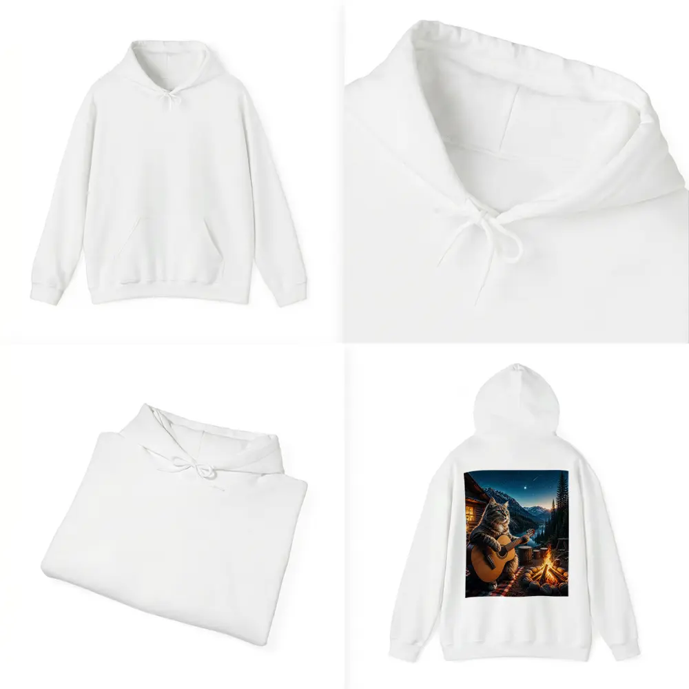 Cat Playing Guitar By Mountain Campfire – Hoodies