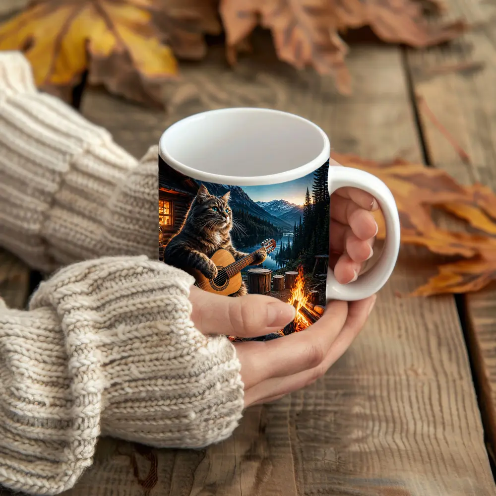 Cat Playing Guitar By Mountain Campfire – Mugs
