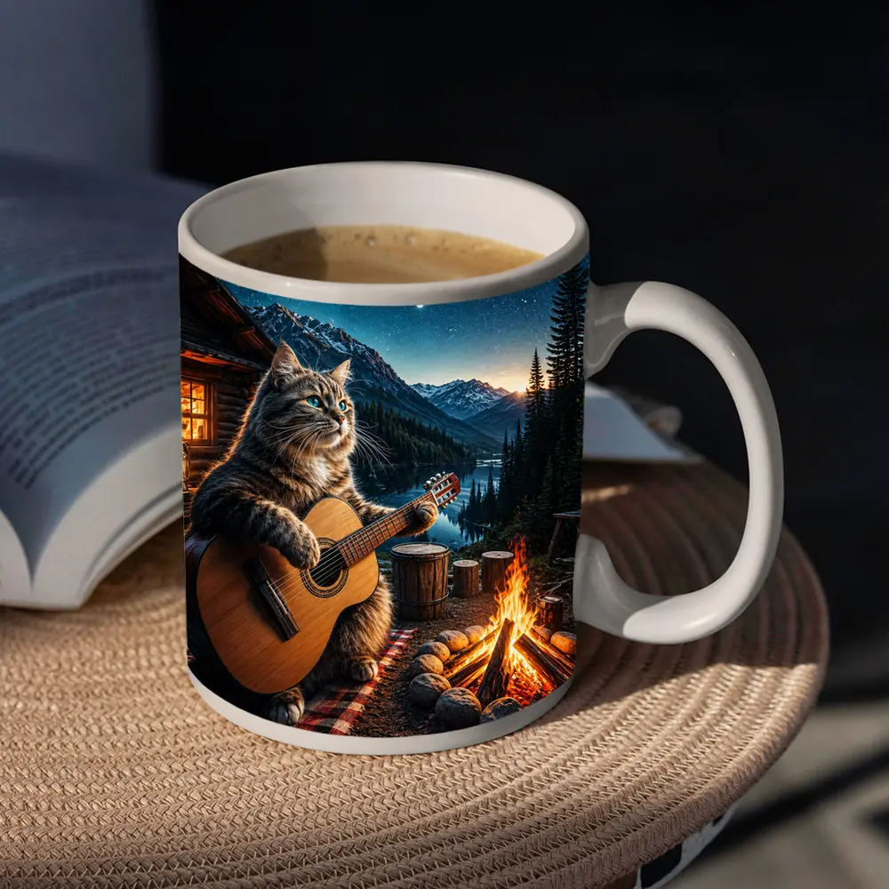 Cat Playing Guitar By Mountain Campfire – Mugs