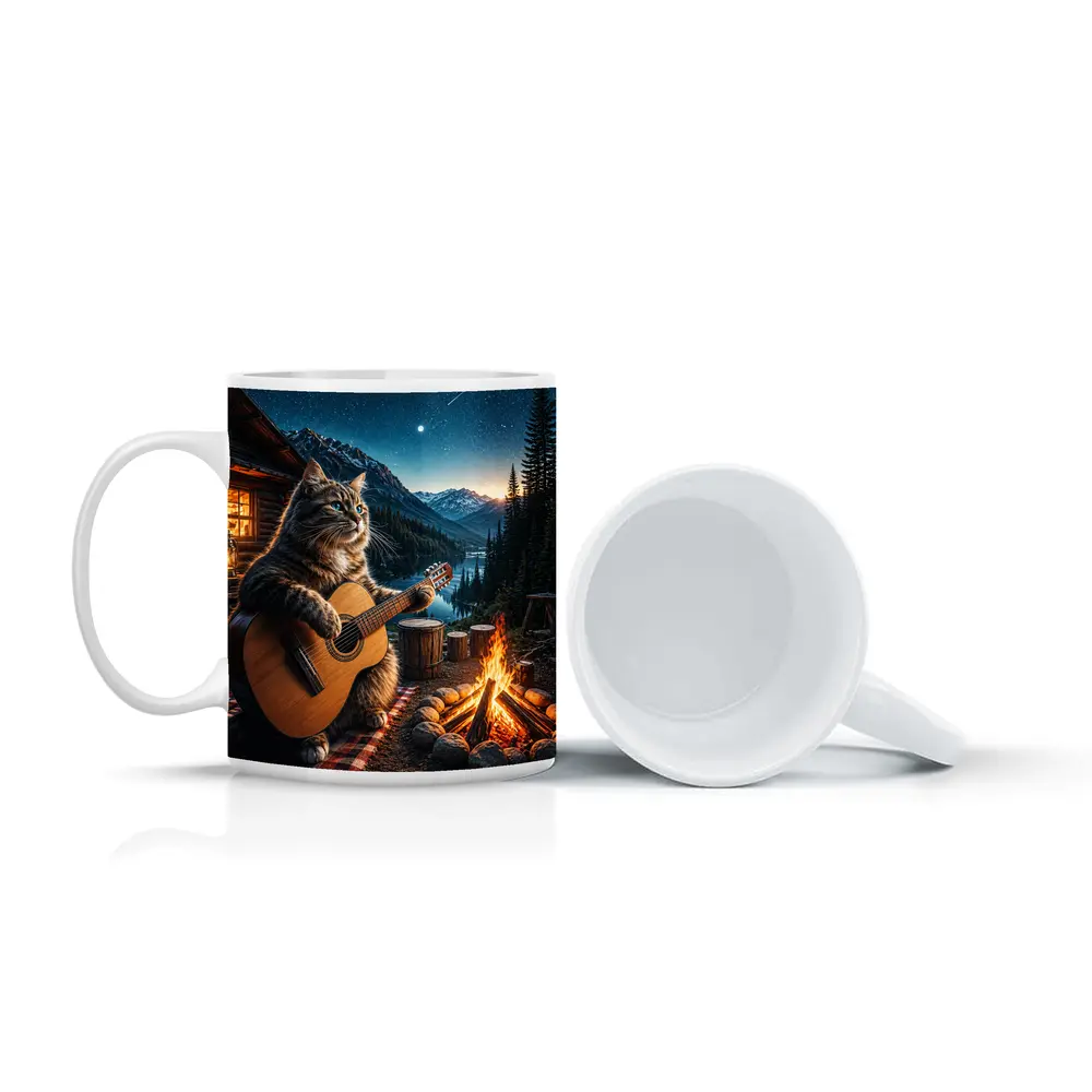 Cat Playing Guitar By Mountain Campfire – Mugs