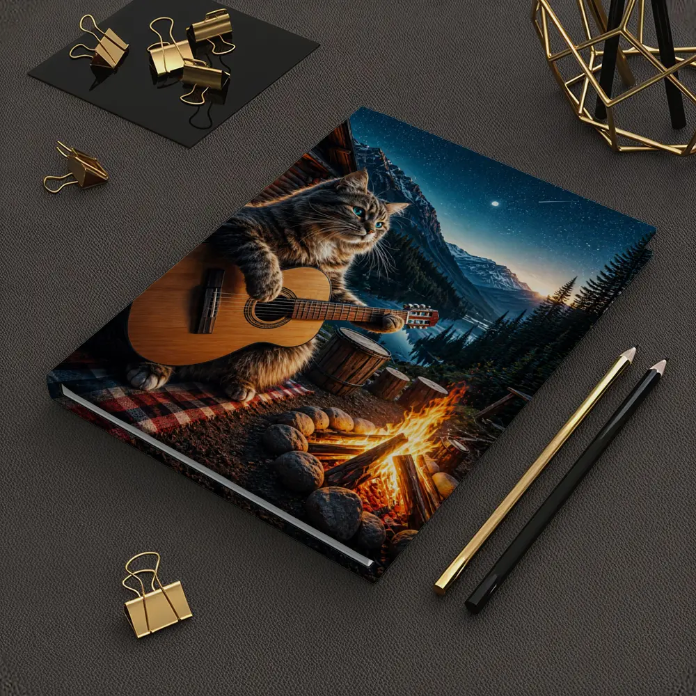 Cat Playing Guitar By Mountain Campfire – Notebooks